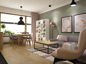 mieszkanie 70m2 z dekorem brudnego różu,zieleni i czerni - Średni biały zielony salon z jadalnią z bibiloteczką, styl nowoczesny - zdjęcie od Grafika i Projekt architektura wnętrz
