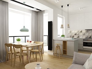 mieszkanie minimalistyczne 2 pokojowe - Średnia otwarta z salonem z kamiennym blatem biała z zabudowaną lodówką z nablatowym zlewozmywakiem kuchnia w kształcie litery u z oknem, styl minimalistyczny - zdjęcie od Grafika i Projekt architektura wnętrz