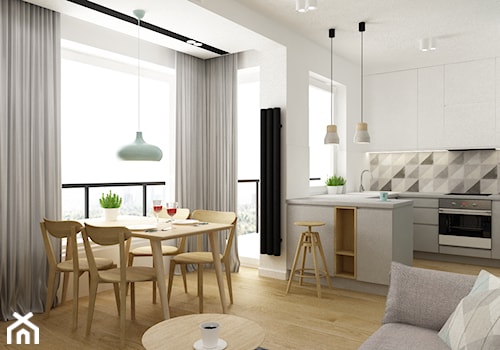 mieszkanie minimalistyczne 2 pokojowe - Średnia otwarta z salonem z kamiennym blatem biała z zabudowaną lodówką z nablatowym zlewozmywakiem kuchnia w kształcie litery u z oknem, styl minimalistyczny - zdjęcie od Grafika i Projekt architektura wnętrz