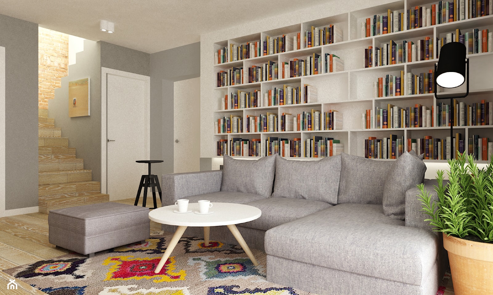 dom 120 m2 bemowo - Średni biały szary salon z bibiloteczką, styl nowoczesny - zdjęcie od Grafika i Projekt architektura wnętrz - Homebook