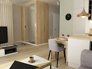 48m2 ciepły design - Mały beżowy salon z kuchnią z jadalnią, styl nowoczesny - zdjęcie od Grafika i Projekt architektura wnętrz