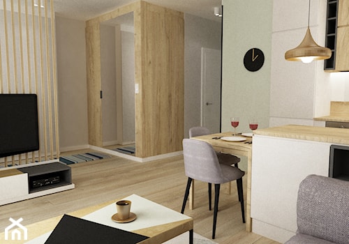 48m2 ciepły design - Mały beżowy salon z kuchnią z jadalnią, styl nowoczesny - zdjęcie od Grafika i Projekt architektura wnętrz