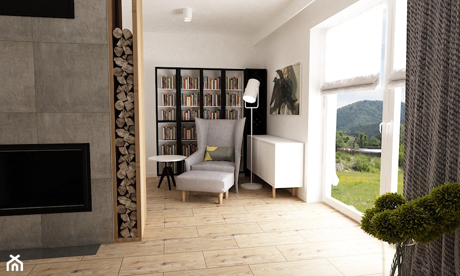 Dom pod Warszawą 160 m2 - Średni biały salon z tarasem / balkonem z bibiloteczką, styl skandynawski - zdjęcie od Grafika i Projekt architektura wnętrz