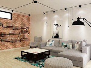 Apartament w Warszawie 90 m2 starzona cegła styl industrialny loft - Średni biały czerwony salon, styl skandynawski - zdjęcie od Grafika i Projekt architektura wnętrz