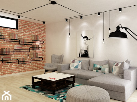 Aranżacje wnętrz - Salon: Apartament w Warszawie 90 m2 starzona cegła styl industrialny loft - Średni biały czerwony salon, styl skandynawski - Grafika i Projekt architektura wnętrz. Przeglądaj, dodawaj i zapisuj najlepsze zdjęcia, pomysły i inspiracje designerskie. W bazie mamy już prawie milion fotografii!