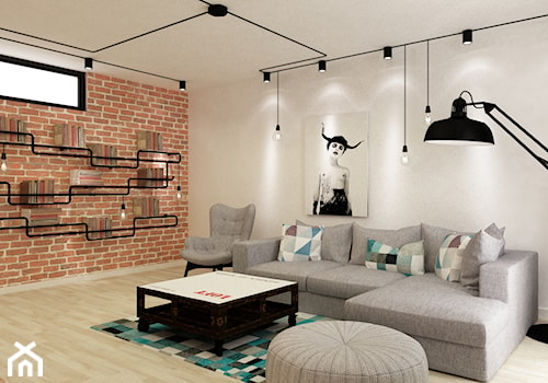 Apartament w Warszawie 90 m2 starzona cegła styl industrialny loft - Średni biały czerwony salon, s ... - zdjęcie od Grafika i Projekt architektura wnętrz