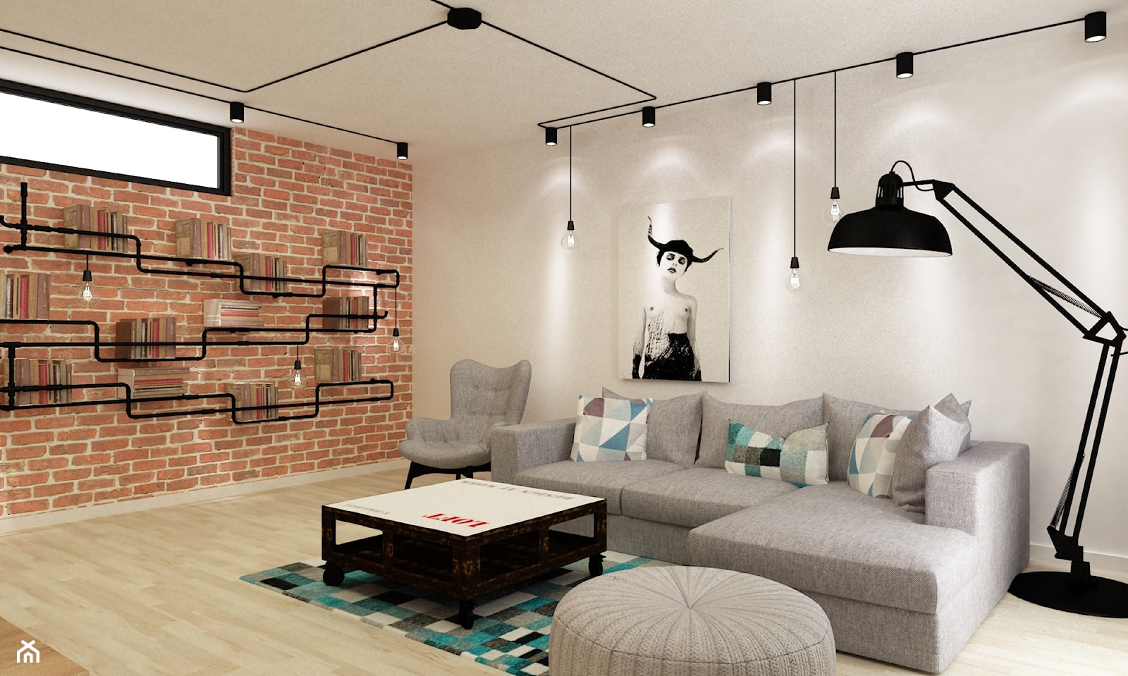 Apartament w Warszawie 90 m2 starzona cegła styl industrialny loft - Średni biały czerwony salon, s ... - zdjęcie od Grafika i Projekt architektura wnętrz - Homebook