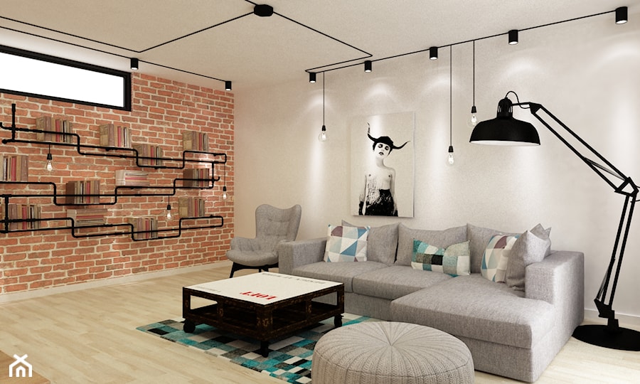 Apartament w Warszawie 90 m2 starzona cegła styl industrialny loft - Średni biały czerwony salon, styl skandynawski - zdjęcie od Grafika i Projekt architektura wnętrz