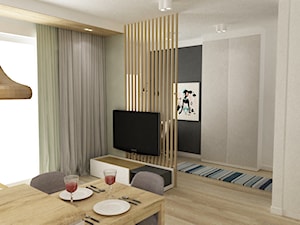 48m2 ciepły design - Mały biały szary zielony salon z jadalnią z tarasem / balkonem, styl nowoczesny - zdjęcie od Grafika i Projekt architektura wnętrz