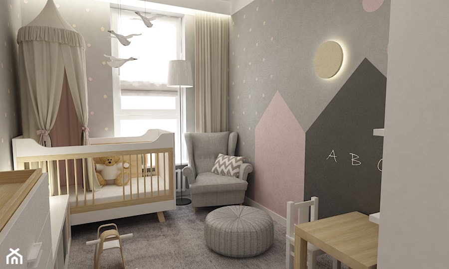 Mieszkanie 70m2 Ursynów - Mały szary pokój dziecka dla niemowlaka dla chłopca, styl skandynawski - zdjęcie od Grafika i Projekt architektura wnętrz