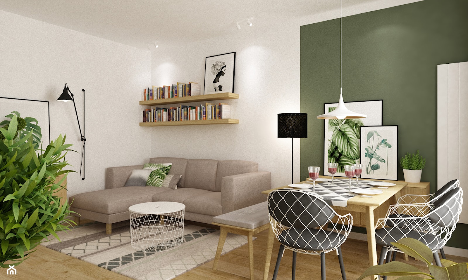 mieszkanie 70m2 w stylu urban jungle - Średnia biała zielona jadalnia w salonie, styl skandynawski - zdjęcie od Grafika i Projekt architektura wnętrz - Homebook