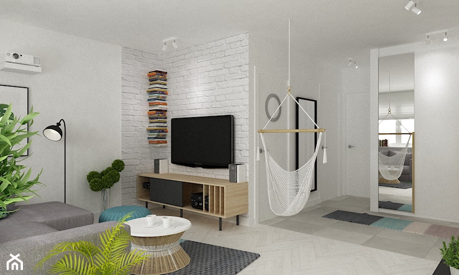 mieszkanie z akcentem turkusu metamorfoza - Średni biały salon, styl skandynawski - zdjęcie od Grafika i Projekt architektura wnętrz