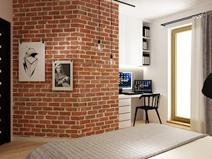 Apartament w Warszawie 90 m2 starzona cegła styl industrialny loft - Sypialnia, styl industrialny - zdjęcie od Grafika i Projekt architektura wnętrz