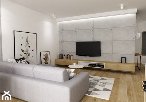 mieszkanie 80m2 metamorfoza - Średni biały szary salon z bibiloteczką, styl industrialny - zdjęcie od Grafika i Projekt architektura wnętrz
