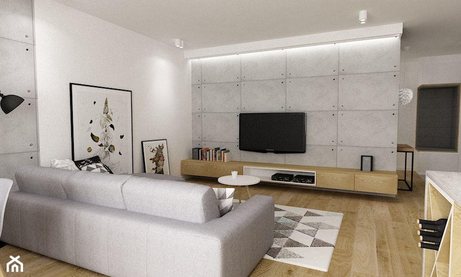 mieszkanie 80m2 metamorfoza - Średni biały szary salon z bibiloteczką, styl industrialny - zdjęcie od Grafika i Projekt architektura wnętrz