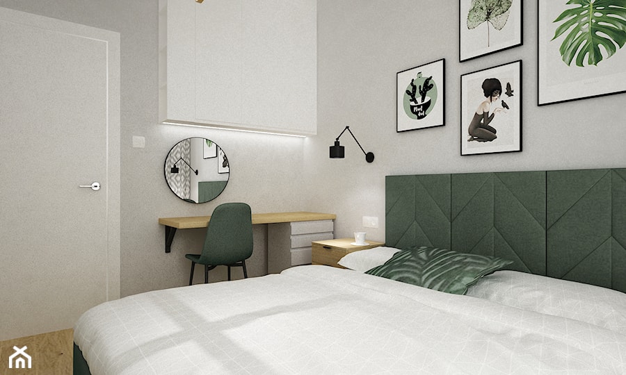 mieszkanie 55m2 szaro zielone - Sypialnia, styl nowoczesny - zdjęcie od Grafika i Projekt architektura wnętrz