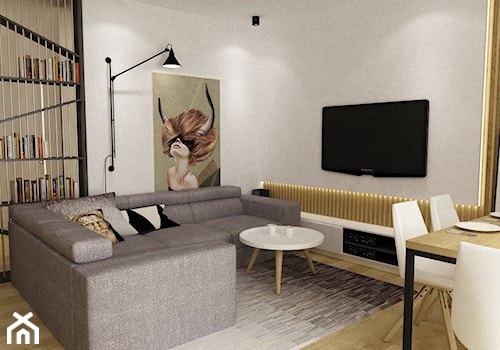 mieszkanie wersja grafitowa - Średni biały salon z jadalnią z bibiloteczką, styl nowoczesny - zdjęcie od Grafika i Projekt architektura wnętrz