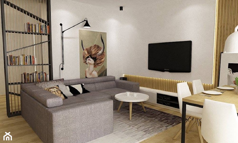 mieszkanie wersja grafitowa - Średni biały salon z jadalnią z bibiloteczką, styl nowoczesny - zdjęcie od Grafika i Projekt architektura wnętrz