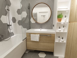 mieszkanie na ochocie 50m2 kolor biel,szarość,dąb - Mała bez okna jako pokój kąpielowy łazienka, styl nowoczesny - zdjęcie od Grafika i Projekt architektura wnętrz