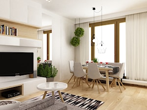 mieszkanie na ochocie 50m2 kolor biel,szarość,dąb - Mała biała jadalnia w salonie, styl skandynawski - zdjęcie od Grafika i Projekt architektura wnętrz