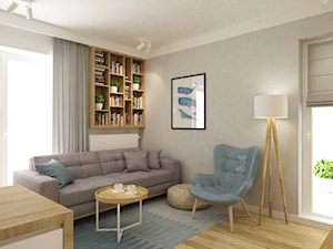 mieszkanie 61m2 - Średni beżowy biały salon z kuchnią z bibiloteczką, styl nowoczesny - zdjęcie od Grafika i Projekt architektura wnętrz