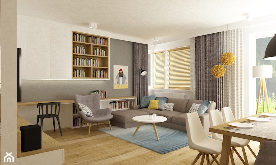 Projekt mieszkania 90m2 ochota - Mały szary salon z jadalnią, styl nowoczesny - zdjęcie od Grafika i Projekt architektura wnętrz