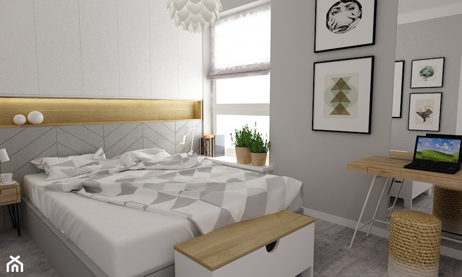 mieszkanie z miętą 80m2 - Średnia szara z biurkiem sypialnia, styl skandynawski - zdjęcie od Grafika i Projekt architektura wnętrz