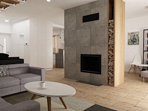 Dom pod Warszawą 160 m2 - Duży biały salon z bibiloteczką, styl skandynawski - zdjęcie od Grafika i Projekt architektura wnętrz