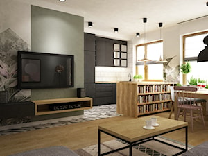mieszkanie 70m2 z dekorem brudnego różu,zieleni i czerni - Średni beżowy biały zielony salon z kuchnią z jadalnią z bibiloteczką, styl nowoczesny - zdjęcie od Grafika i Projekt architektura wnętrz