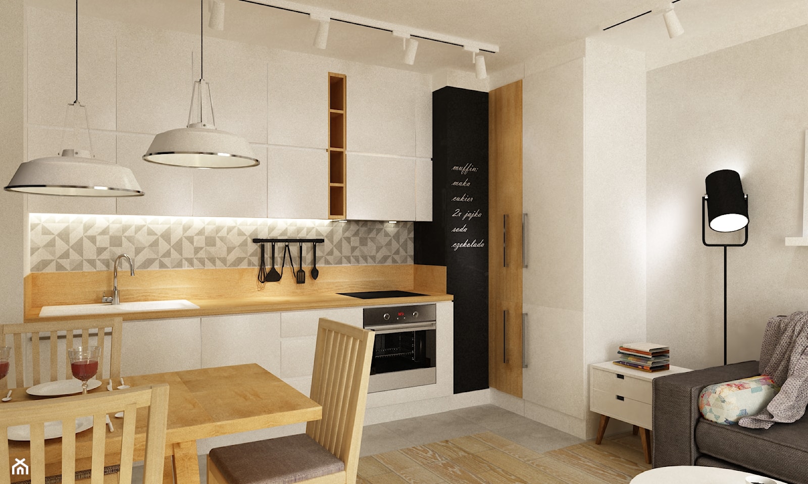 Mieszkanie na Woli Warszawa 54m2 - Mała otwarta z salonem biała z zabudowaną lodówką kuchnia w kszta ... - zdjęcie od Grafika i Projekt architektura wnętrz - Homebook