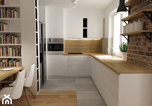 mieszkanie jasne w stylu nowoczesnym/skandynawskim 60m2 - Średnia otwarta biała z zabudowaną lodówką z podblatowym zlewozmywakiem kuchnia w kształcie litery l, styl skandynawski - zdjęcie od Grafika i Projekt architektura wnętrz