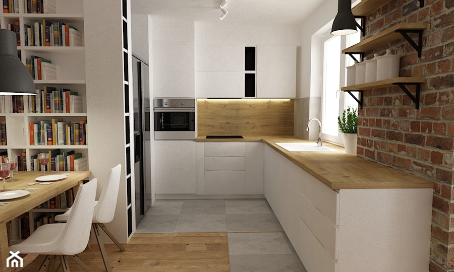 mieszkanie jasne w stylu nowoczesnym/skandynawskim 60m2 - Średnia otwarta biała z zabudowaną lodówką z podblatowym zlewozmywakiem kuchnia w kształcie litery l, styl skandynawski - zdjęcie od Grafika i Projekt architektura wnętrz