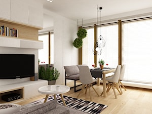 mieszkanie na ochocie 50m2 kolor biel,szarość,dąb - Średnia biała jadalnia w salonie, styl nowoczesny - zdjęcie od Grafika i Projekt architektura wnętrz