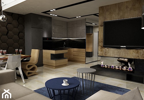 apartament na Mokotowie 103m2 z dodatkiem granatu - Średni beżowy brązowy salon z kuchnią z jadalnią, styl nowoczesny - zdjęcie od Grafika i Projekt architektura wnętrz
