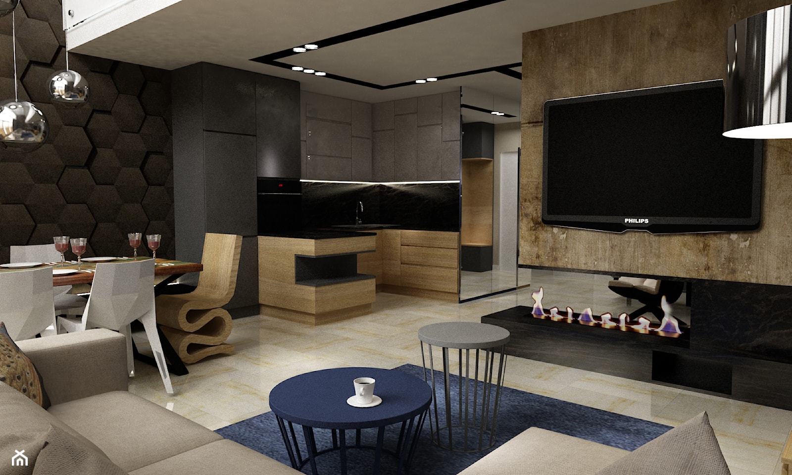 apartament na Mokotowie 103m2 z dodatkiem granatu - Średni beżowy brązowy salon z kuchnią z jadalnią, styl nowoczesny - zdjęcie od Grafika i Projekt architektura wnętrz - Homebook