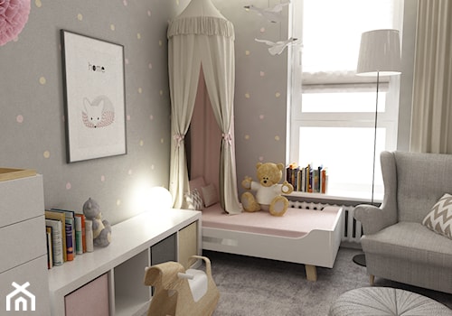 pokój dziecięcy - Mały szary pokój dziecka dla dziecka dla dziewczynki, styl skandynawski - zdjęcie od Grafika i Projekt architektura wnętrz