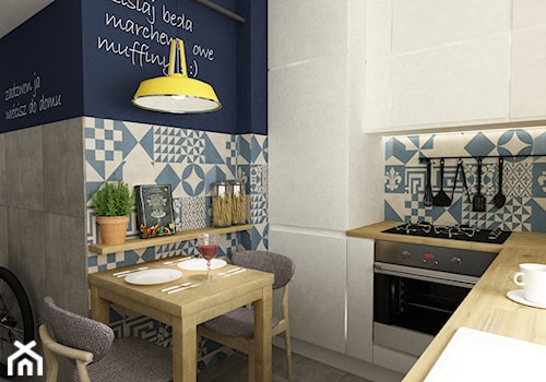 metamorfozy małej kuchni na woli - Mała otwarta biała szara z zabudowaną lodówką kuchnia w kształcie litery l, styl skandynawski - zdjęcie od Grafika i Projekt architektura wnętrz