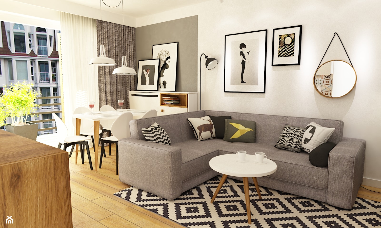 Mieszkanie w realizacji - Średni biały szary salon z jadalnią, styl skandynawski - zdjęcie od Grafika i Projekt architektura wnętrz - Homebook