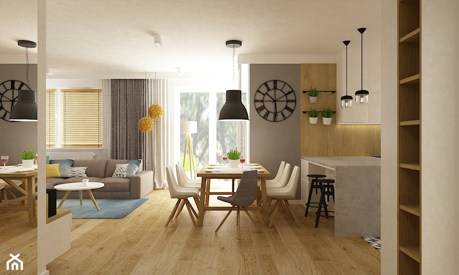 Projekt mieszkania 90m2 ochota - Duża beżowa biała jadalnia w salonie w kuchni, styl nowoczesny - zdjęcie od Grafika i Projekt architektura wnętrz