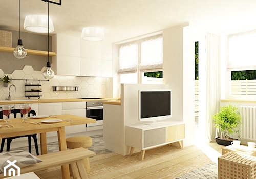 mieszkanie 60m2 w bieli,drewnie i szarości w stylu New Nordic - Średnia biała jadalnia w salonie, styl skandynawski - zdjęcie od Grafika i Projekt architektura wnętrz