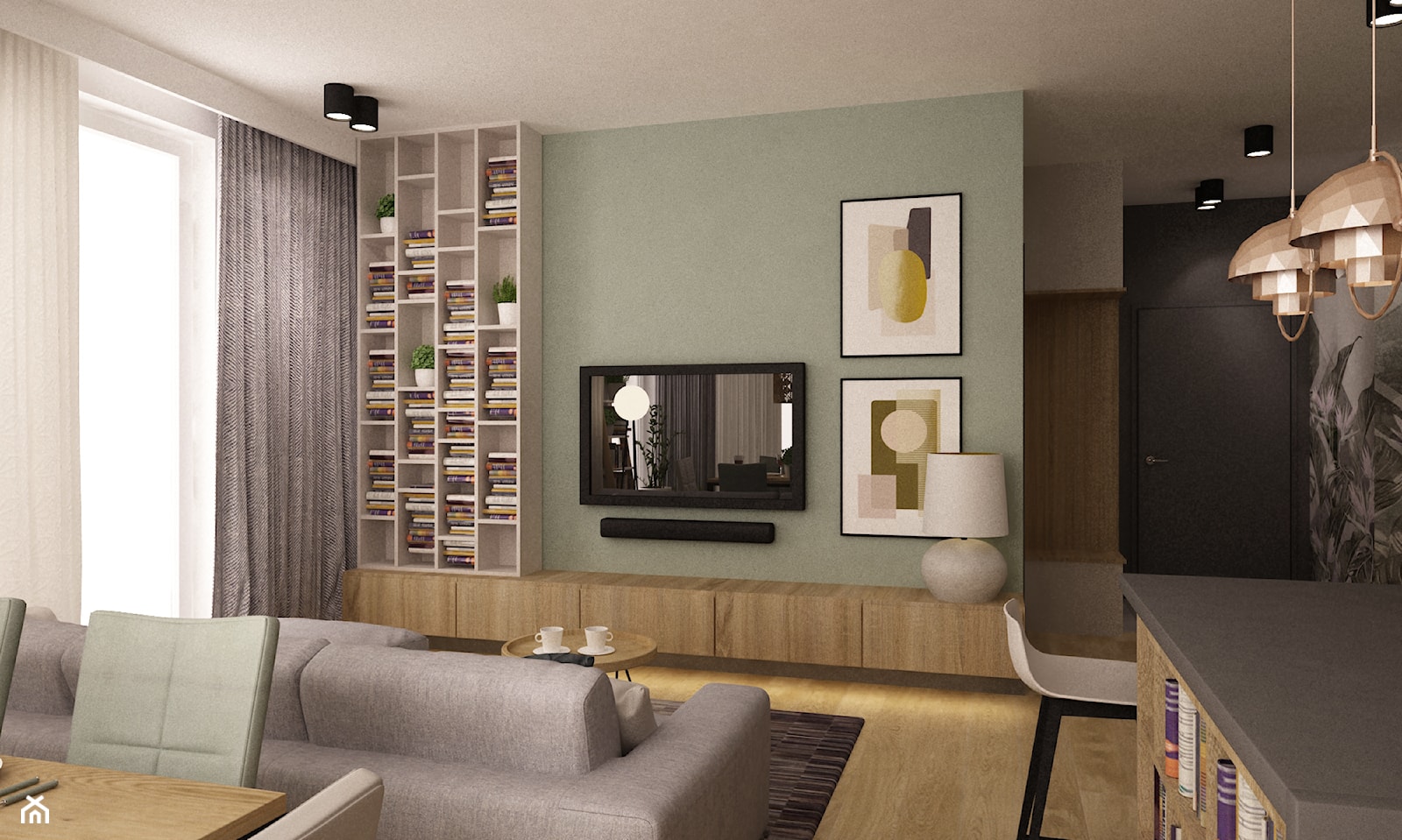 mieszkanie 90m2 z rowerem - Mały biały zielony salon z kuchnią z jadalnią z bibiloteczką, styl nowo ... - zdjęcie od Grafika i Projekt architektura wnętrz - Homebook