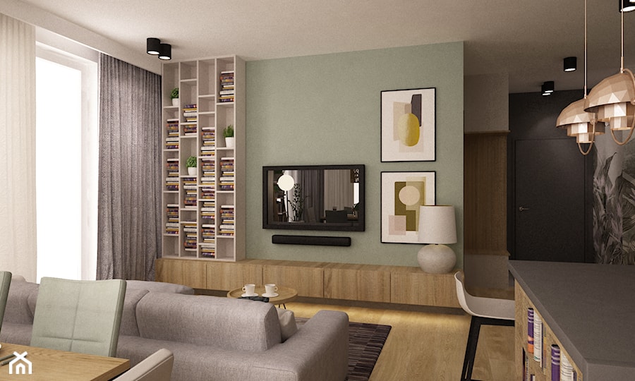 mieszkanie 90m2 z rowerem - Mały biały zielony salon z kuchnią z jadalnią z bibiloteczką, styl nowoczesny - zdjęcie od Grafika i Projekt architektura wnętrz