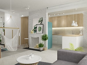 mieszkanie z akcentem turkusu metamorfoza - Średni beżowy biały salon z kuchnią, styl skandynawski - zdjęcie od Grafika i Projekt architektura wnętrz