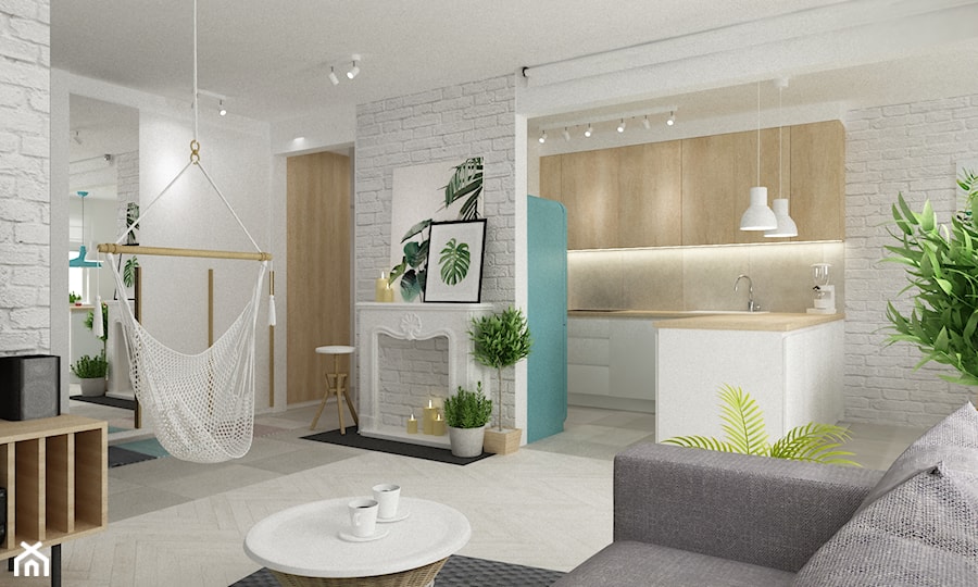 mieszkanie z akcentem turkusu metamorfoza - Średni beżowy biały salon z kuchnią, styl skandynawski - zdjęcie od Grafika i Projekt architektura wnętrz