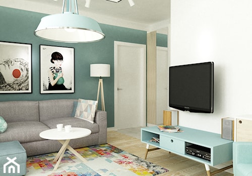 41 m2 pastelowe - Mały biały niebieski salon, styl skandynawski - zdjęcie od Grafika i Projekt architektura wnętrz