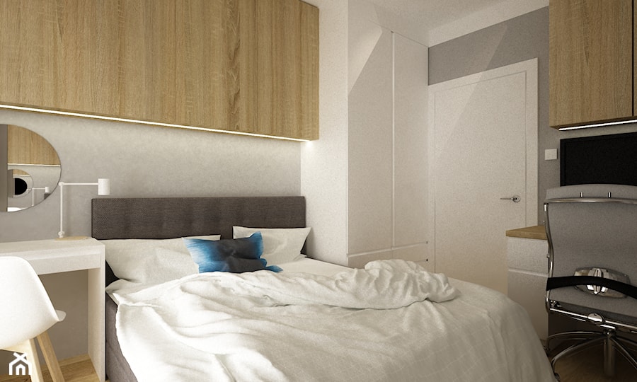 mieszkanie 61m2 - Mała biała szara z biurkiem sypialnia, styl nowoczesny - zdjęcie od Grafika i Projekt architektura wnętrz
