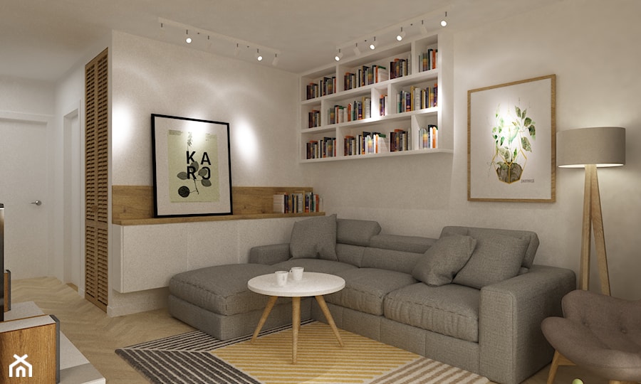 kabaty metamorfoza 60m2 - Mały biały salon z bibiloteczką, styl skandynawski - zdjęcie od Grafika i Projekt architektura wnętrz