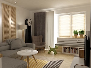 kabaty metamorfoza 60m2 - Mały biały salon z tarasem / balkonem z bibiloteczką, styl skandynawski - zdjęcie od Grafika i Projekt architektura wnętrz