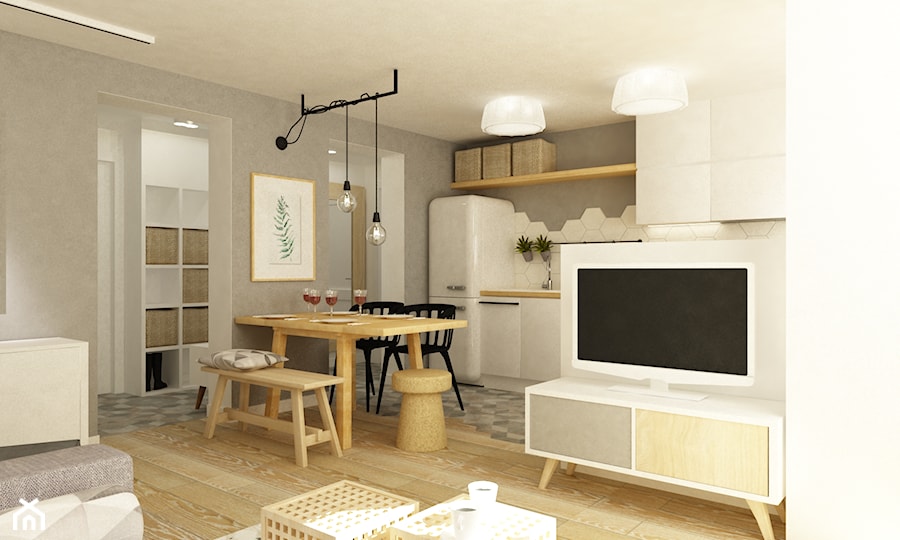 mieszkanie 60m2 w bieli,drewnie i szarości w stylu New Nordic - Mała z salonem biała szara z lodówką wolnostojącą kuchnia jednorzędowa, styl skandynawski - zdjęcie od Grafika i Projekt architektura wnętrz
