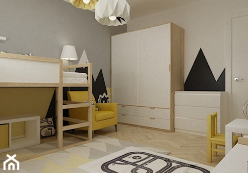 pokój dziecięcy - Średni biały czarny szary żółty z panelami tapicerowanymi pokój dziecka dla dziecka dla chłopca, styl skandynawski - zdjęcie od Grafika i Projekt architektura wnętrz